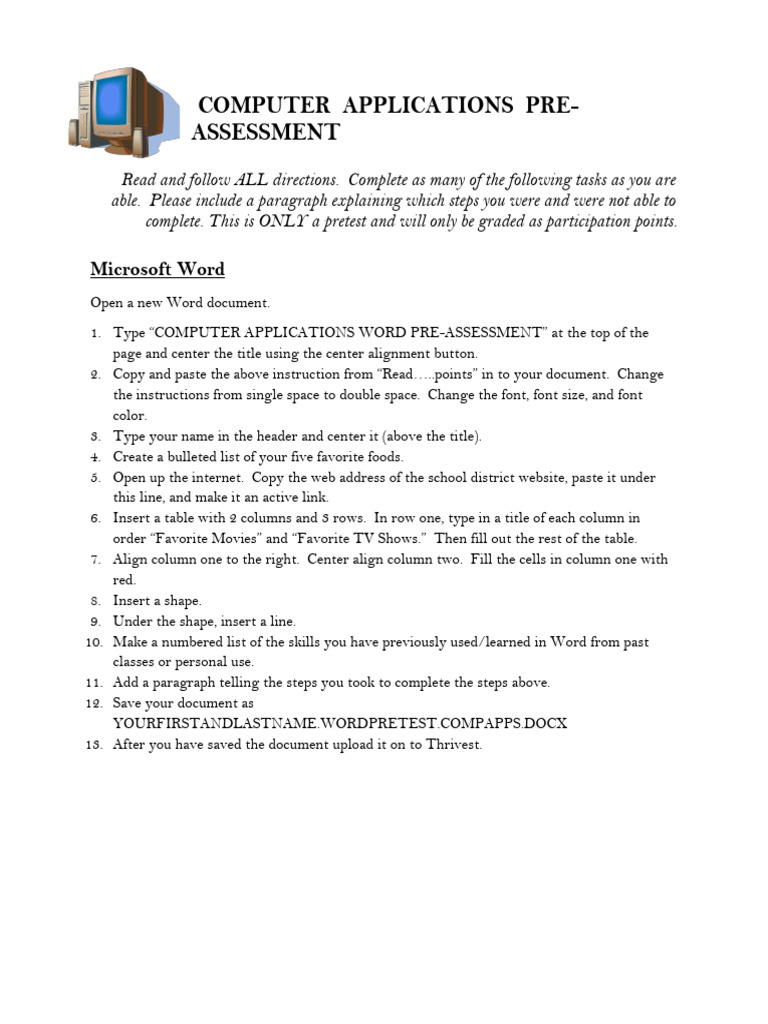 Computer Applications Pre-Assessment Guide | PDF