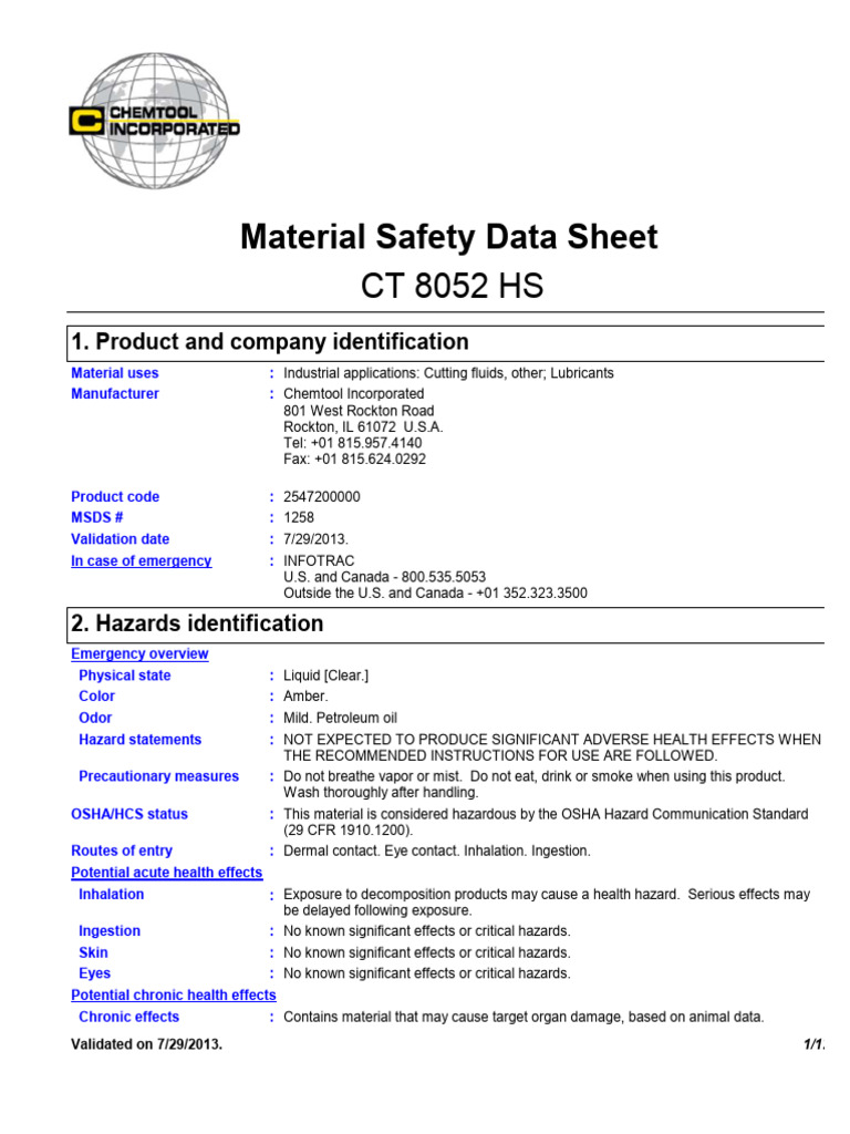 MSDS for CT 8052 HS Cutting Fluid | PDF | Toxicity | Dangerous Goods