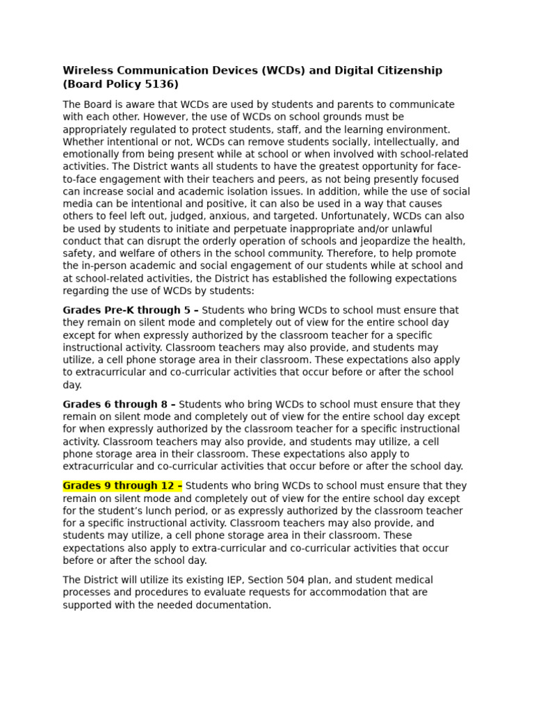 Wireless Communication Devices Board Policy | PDF | Teachers ...