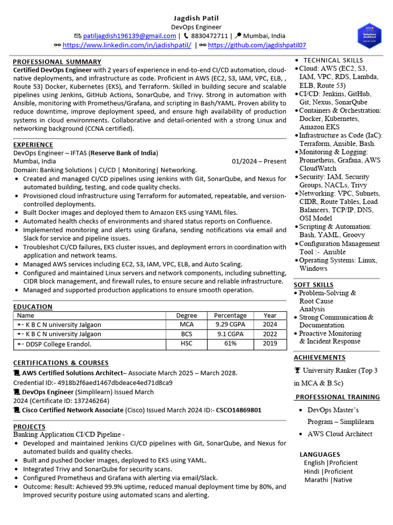 DevOps Engineer Resume - Jagdish Patil | PDF | Amazon Web Services ...