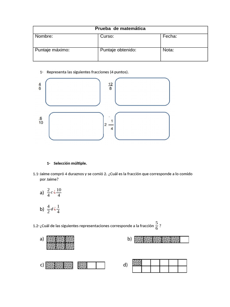 Prueba de fracciones y comparación matemática | PDF