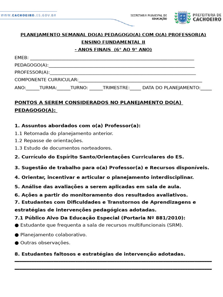 Planejamento Semanal para Pedagogos e Professores | PDF