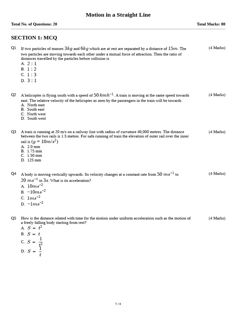 Section 1: MCQ: Motion in A Straight Line | PDF | Acceleration | Velocity