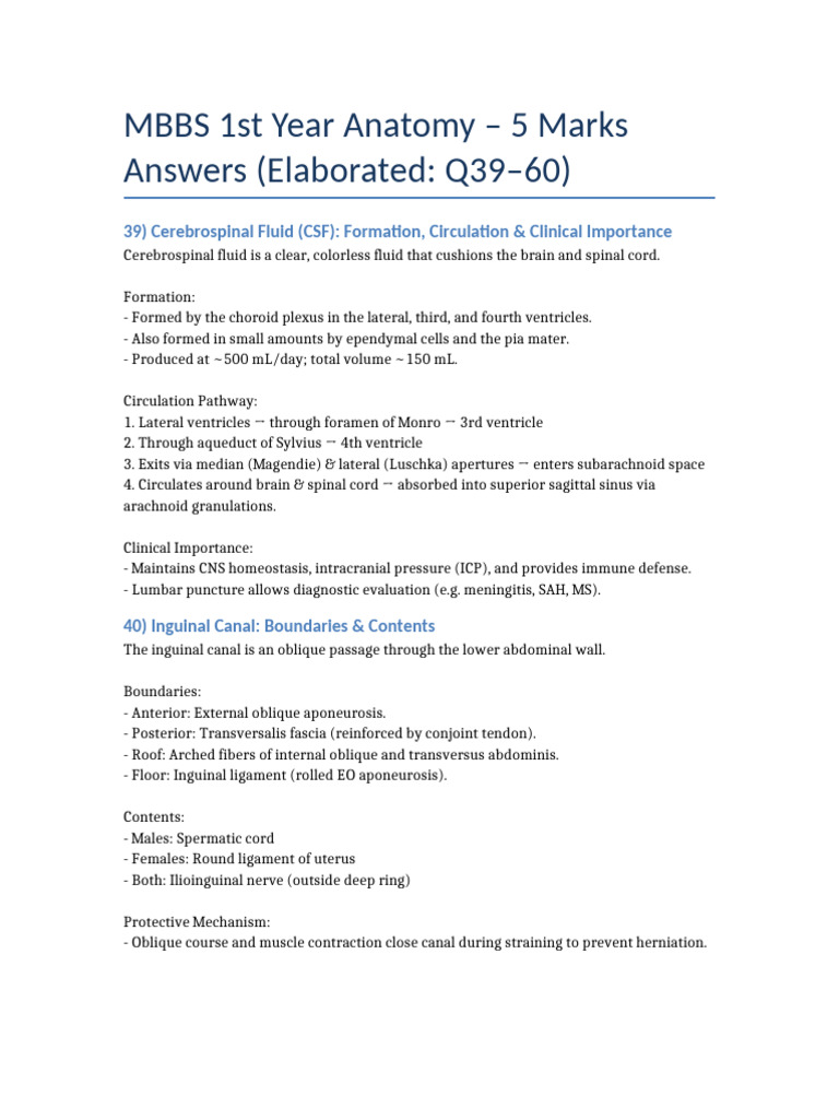 Anatomy Notes for MBBS 1st Year | PDF | Cerebrospinal Fluid | Human Anatomy