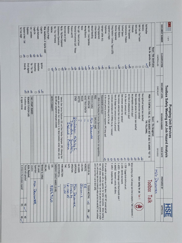 JHA, TBT, JP, Lifting Plan, FBU Pre-Work Checklist 18.08.25 | PDF