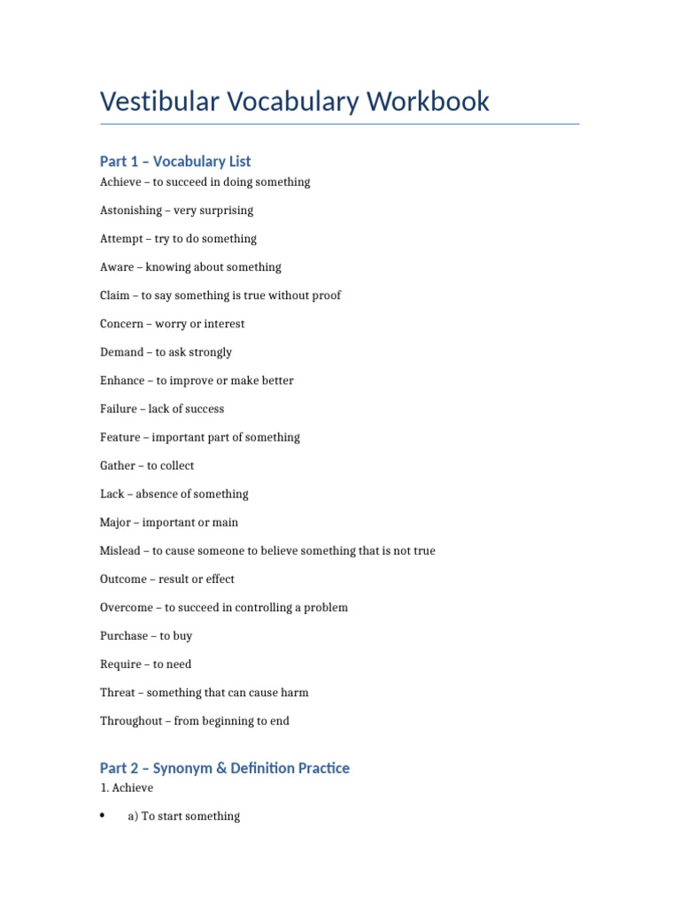 Vestibular Vocabulary Workbook Guide | PDF