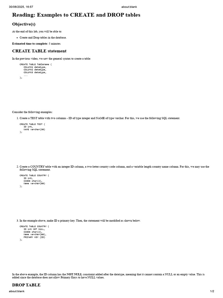 Create and Drop SQL Tables Guide | PDF | Table (Database) | Computing