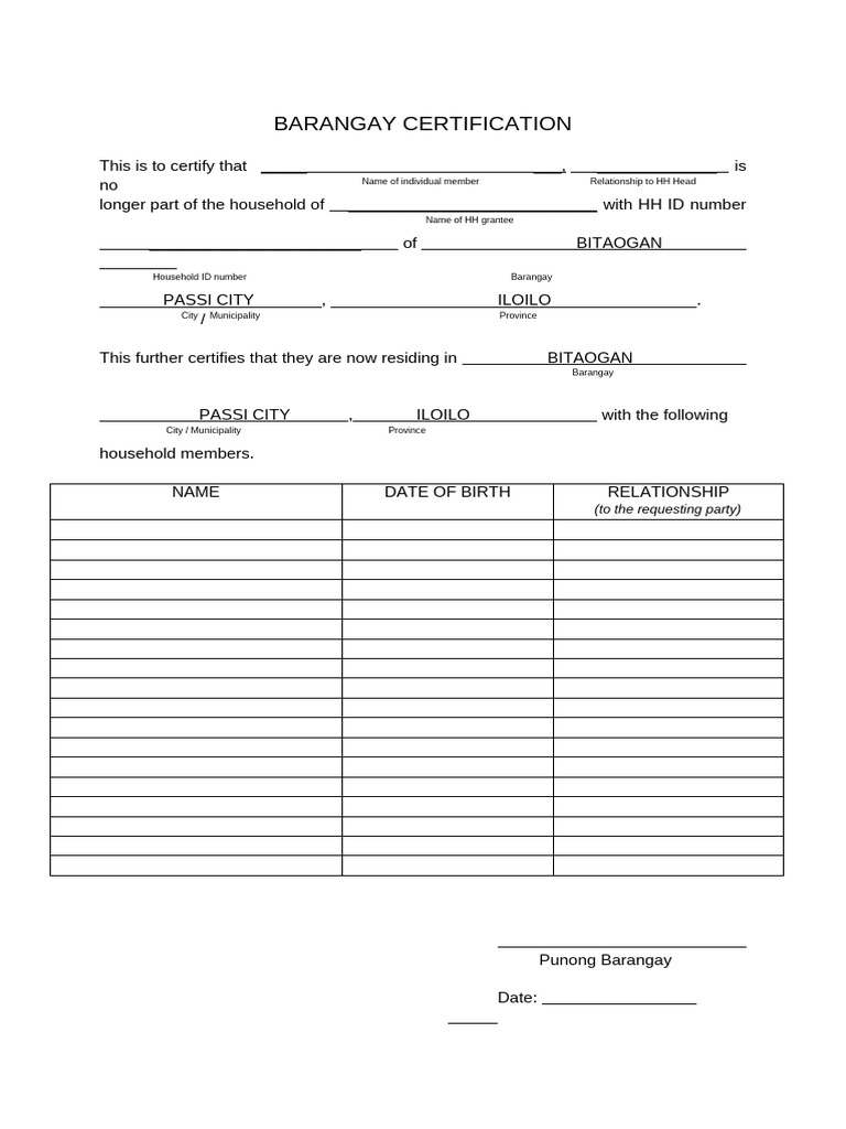 Barangay Certification of Residence Transfer | PDF