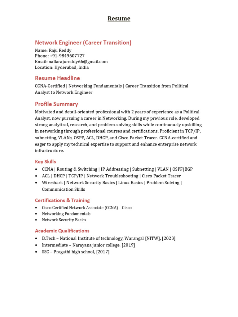 Entry-Level Network Engineer Resume | PDF | Cisco Certifications ...