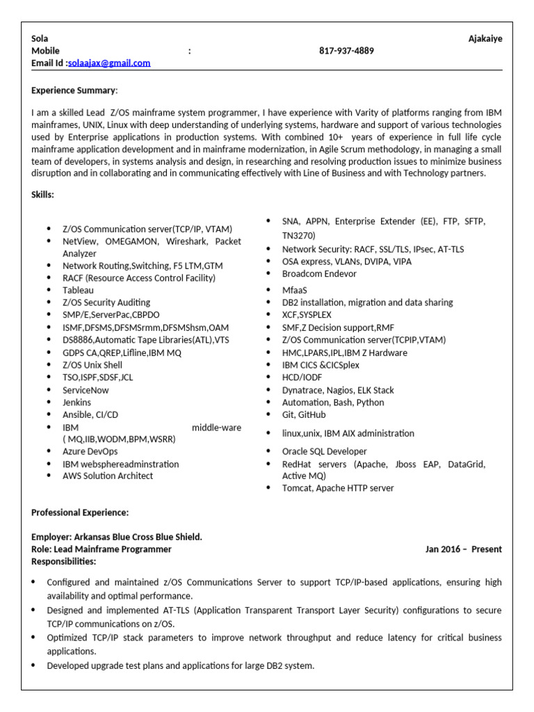 Lead Z/OS Mainframe Programmer Profile | PDF | Ibm Db2 | Databases