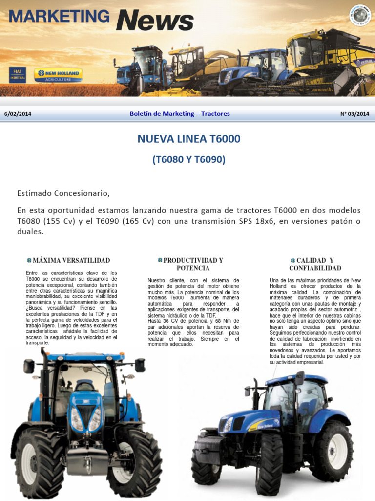 Lanzamiento Tractores New Holland T6000 | PDF | Tractor | Poder (Física)