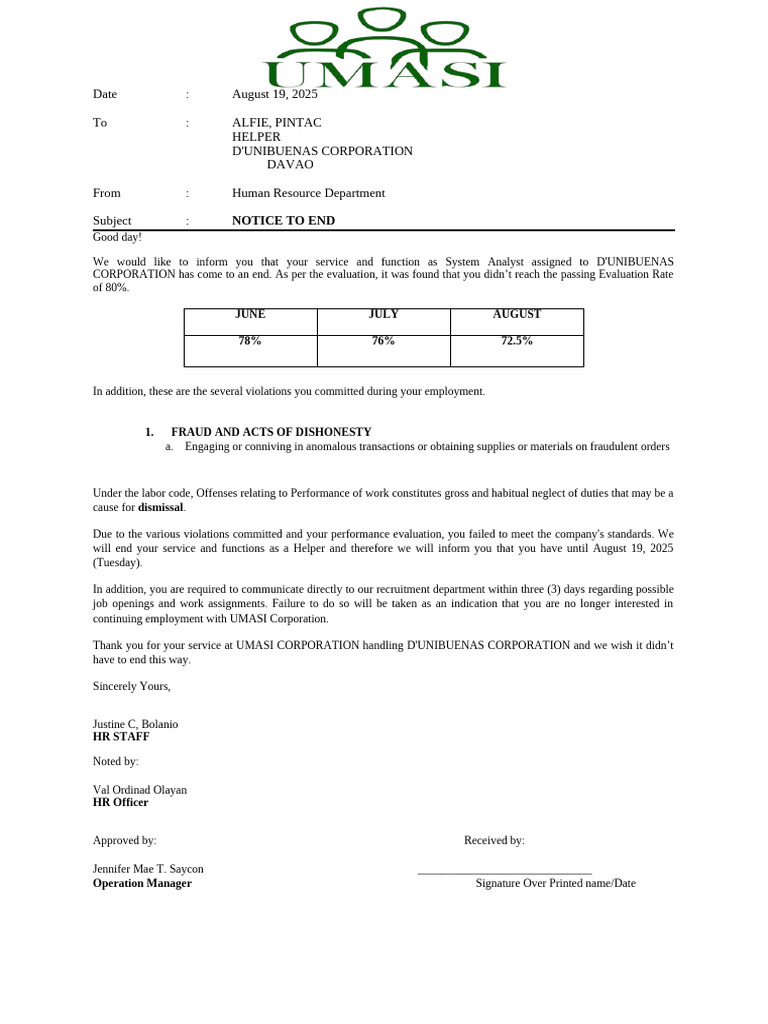 Termination Notice for System Analyst | PDF