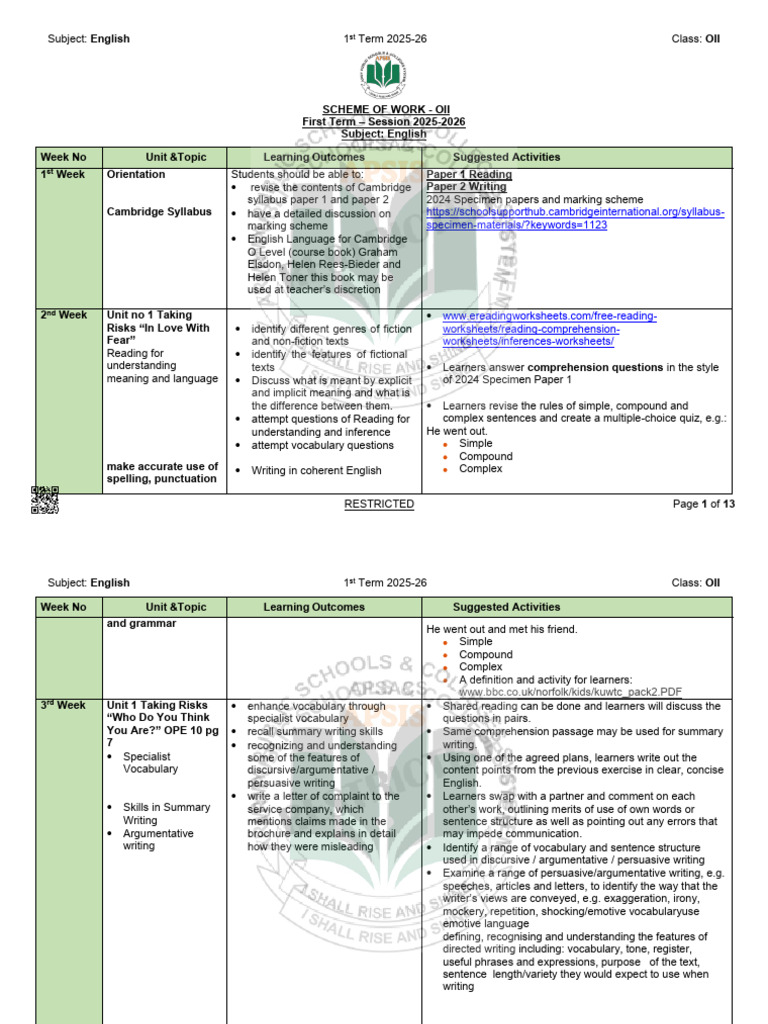 English Scheme of Work OII 2025-26 | PDF | Reading Comprehension ...