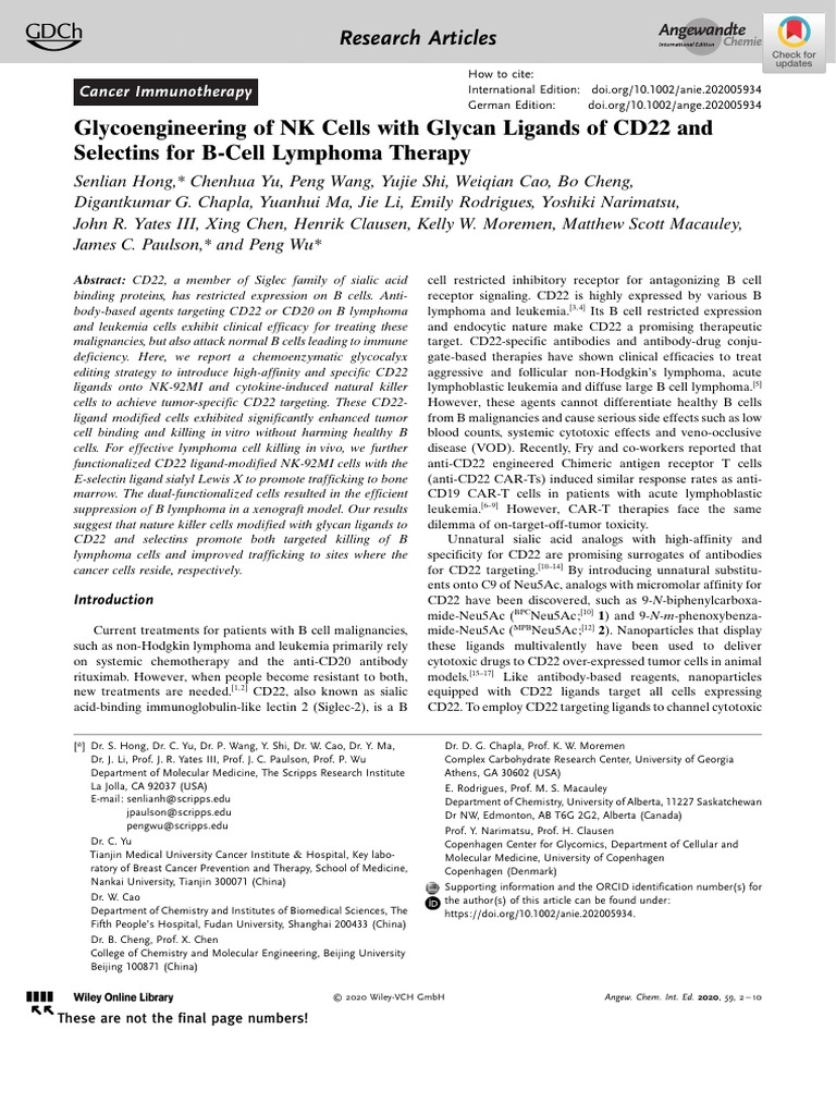 Glycoengineering of NK Cells With Glycan Ligands of CD22 and Selectins ...