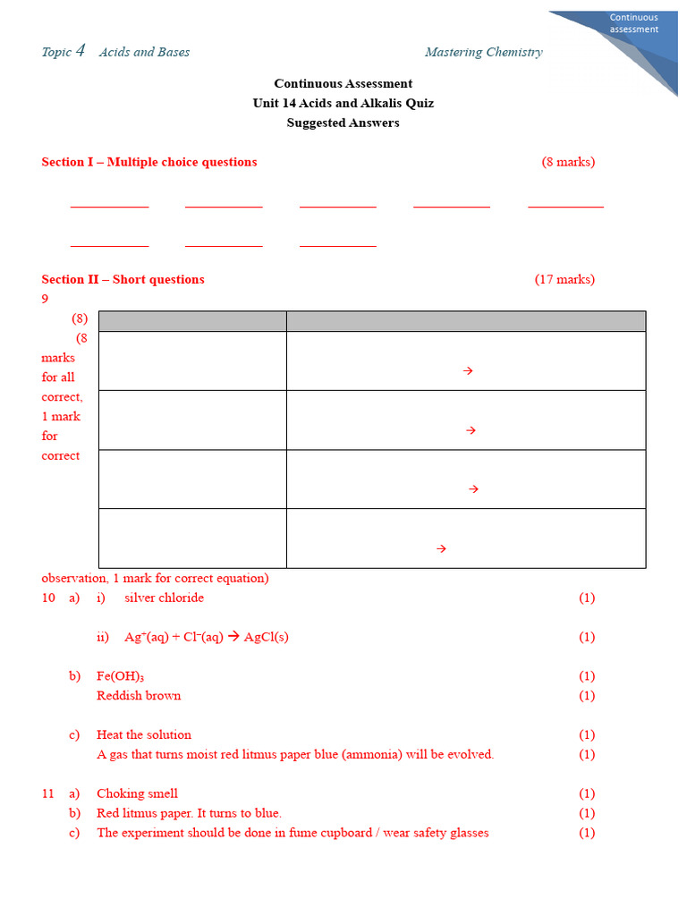 Acids and Bases Quiz Answers Guide | PDF | Hydroxide | Chemical Compounds