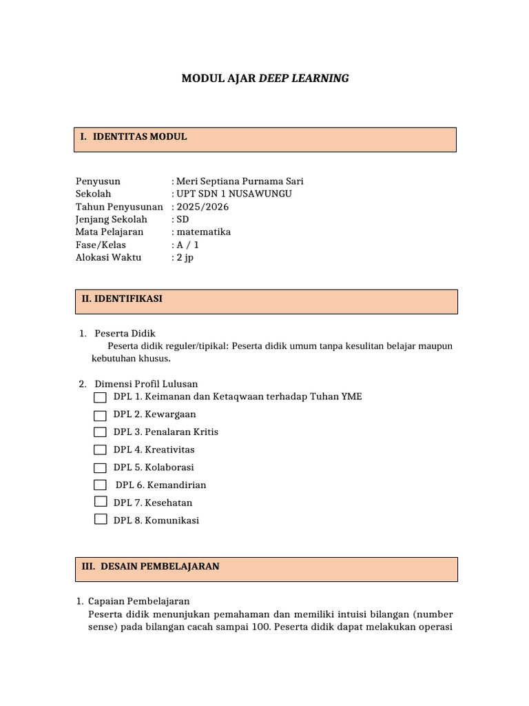 Modul Ajar Deep Learning SD Kelas 1 | PDF