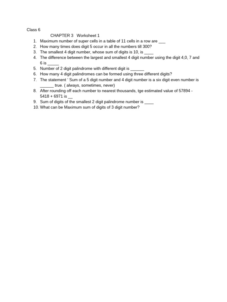 Class 6 Chap 3 Worksheet 1 | PDF
