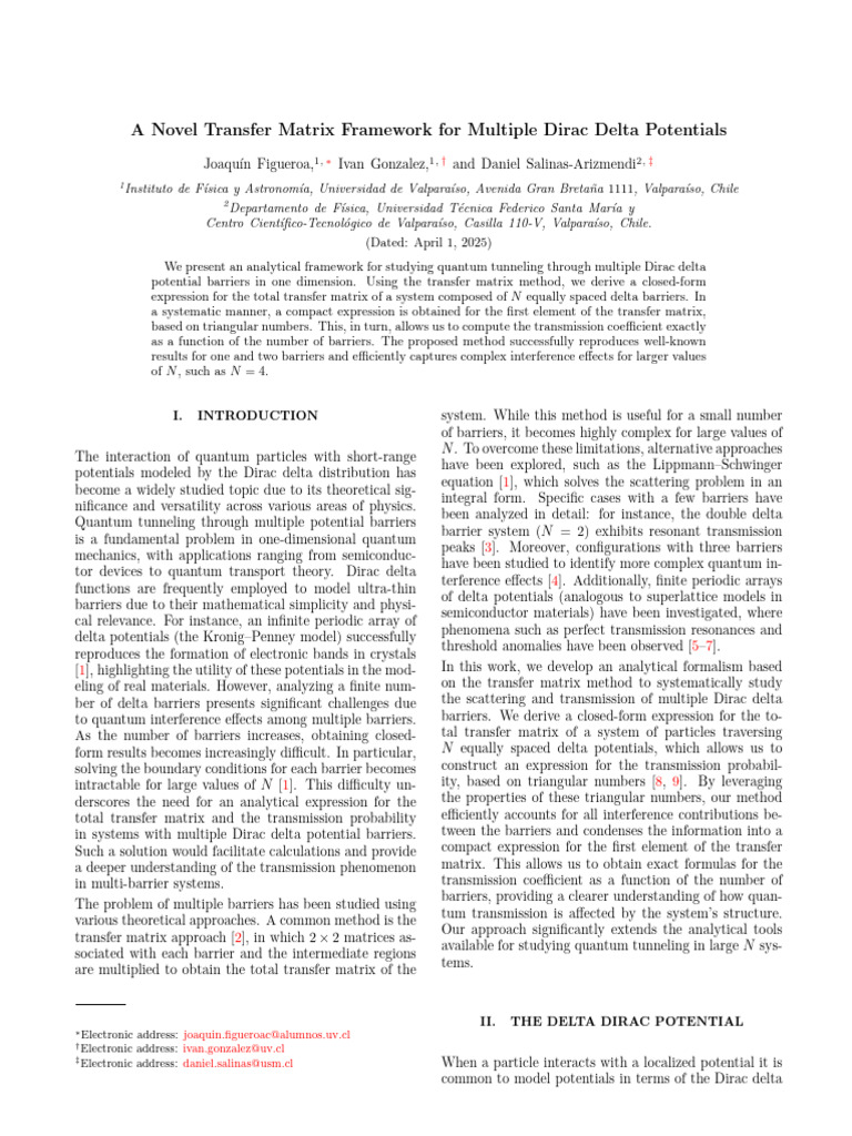 Novel Transfer Matrix Framework For Multiple Dirac Delta Potentials ...
