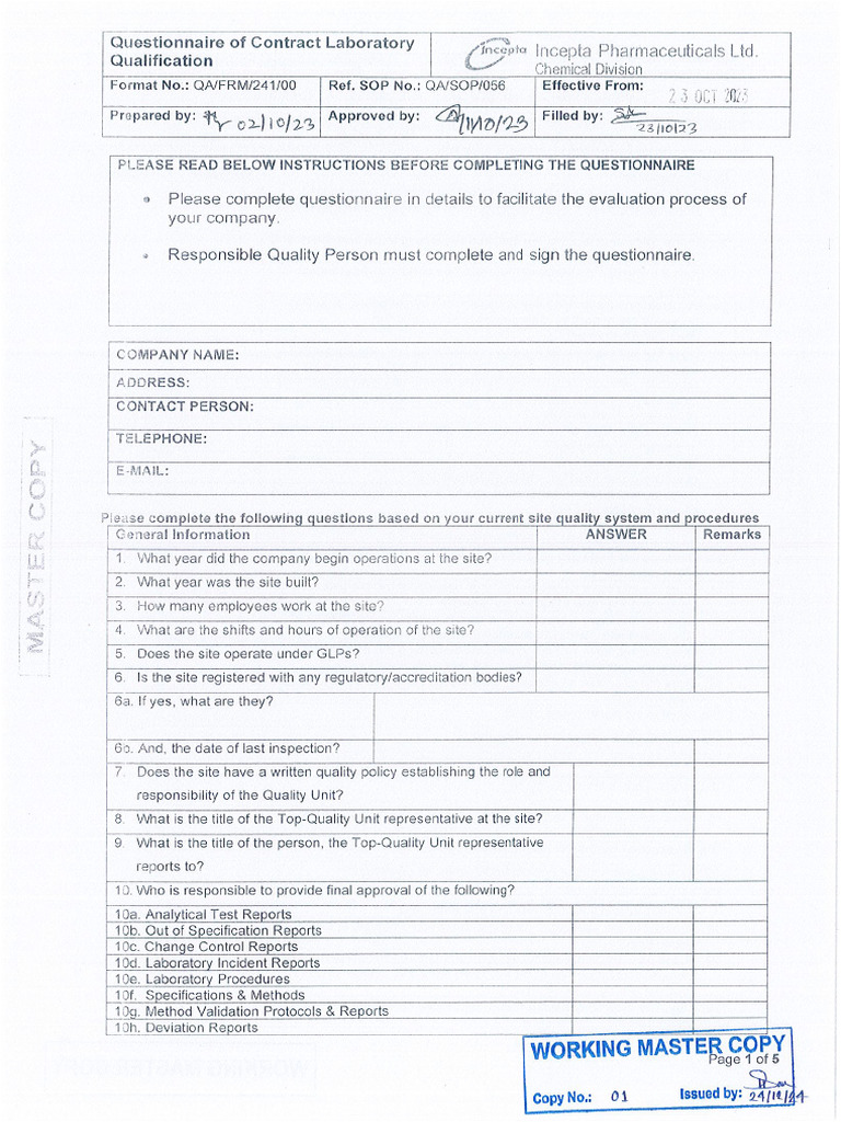 Questionnaire of Contract Laboratory Qualification | PDF