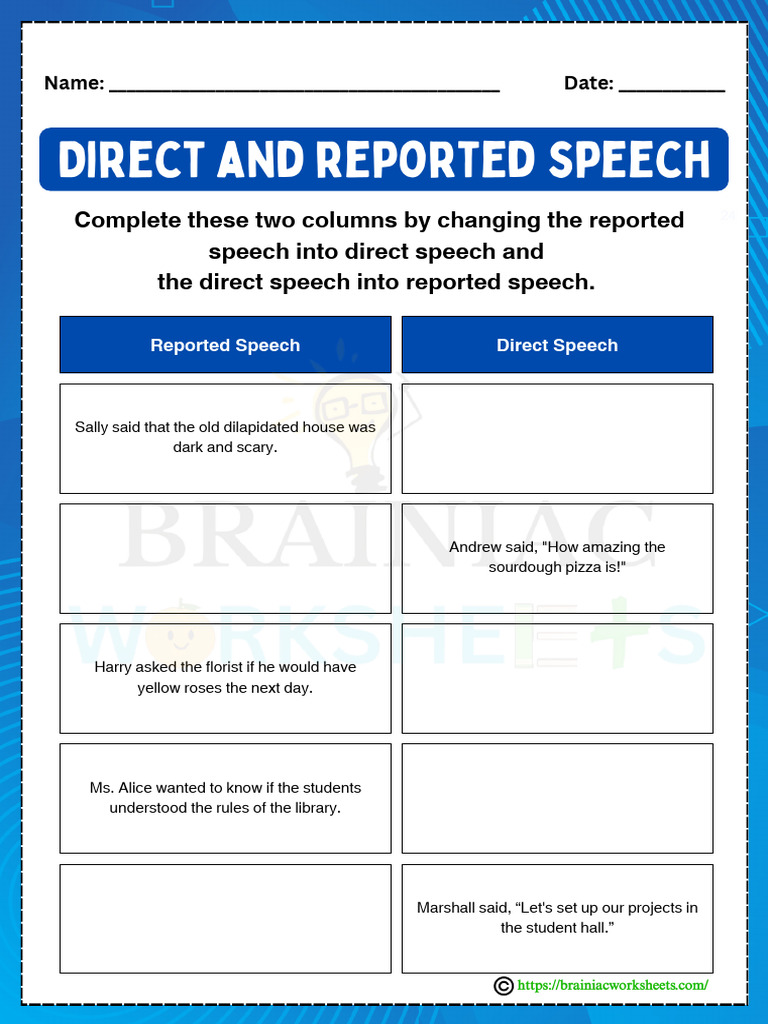 Direct and Reported Speech English Worksheet For Class 5 | PDF