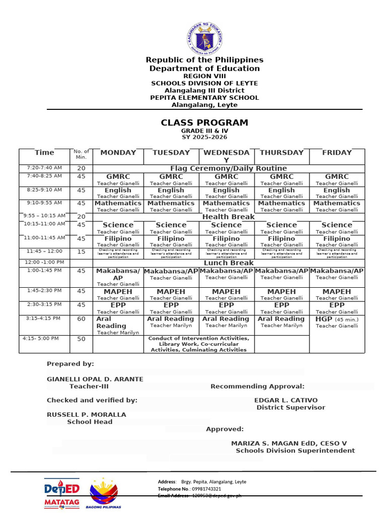 Grade 3 & 4 Class Program | PDF | Republic | Asia