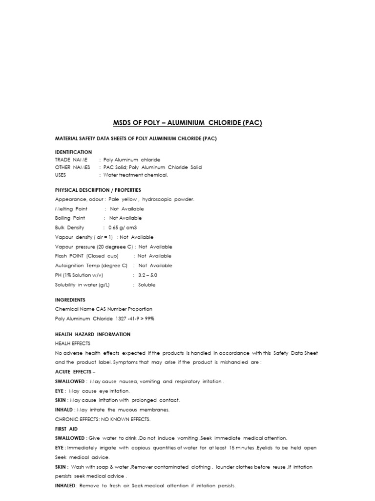 PAC Material Safety Data Sheet | PDF | Safety | Occupational Safety And ...