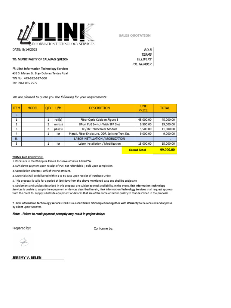 Sales Quotation for Fiber Optic Equipment | PDF