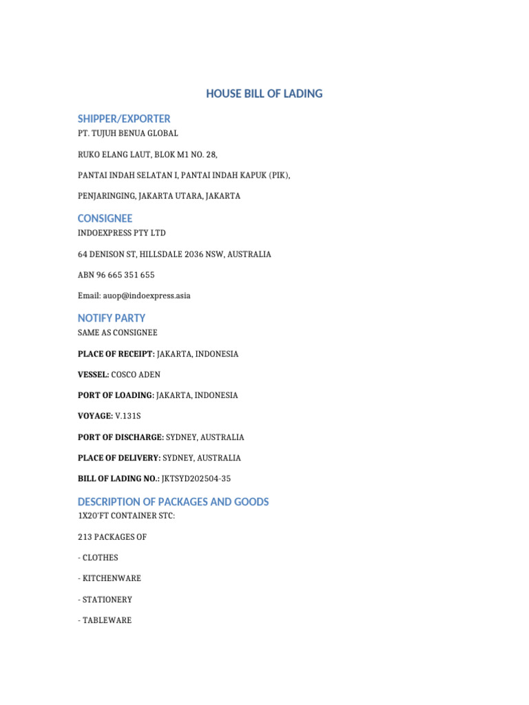 Out House Bill of Lading Template | PDF