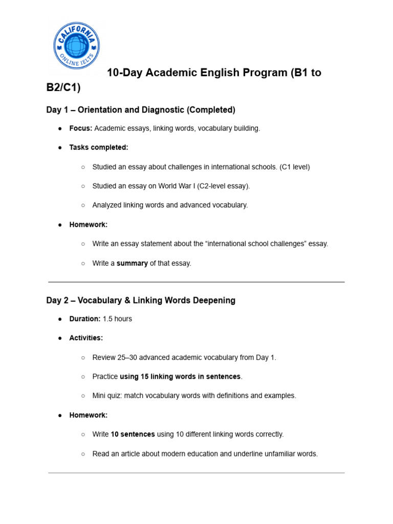 10-Day Academic English Program Overview | PDF | Essays | Vocabulary
