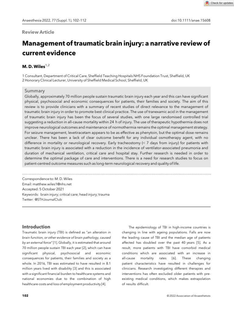 Management of Traumatic Brain Injury A Narrative Review of Current ...