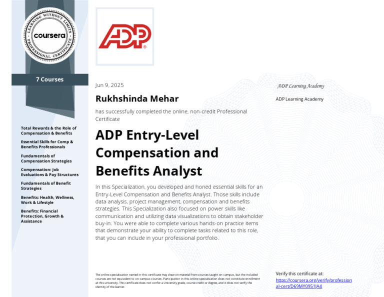 ADP Entry-Level Compensation Certificate | PDF