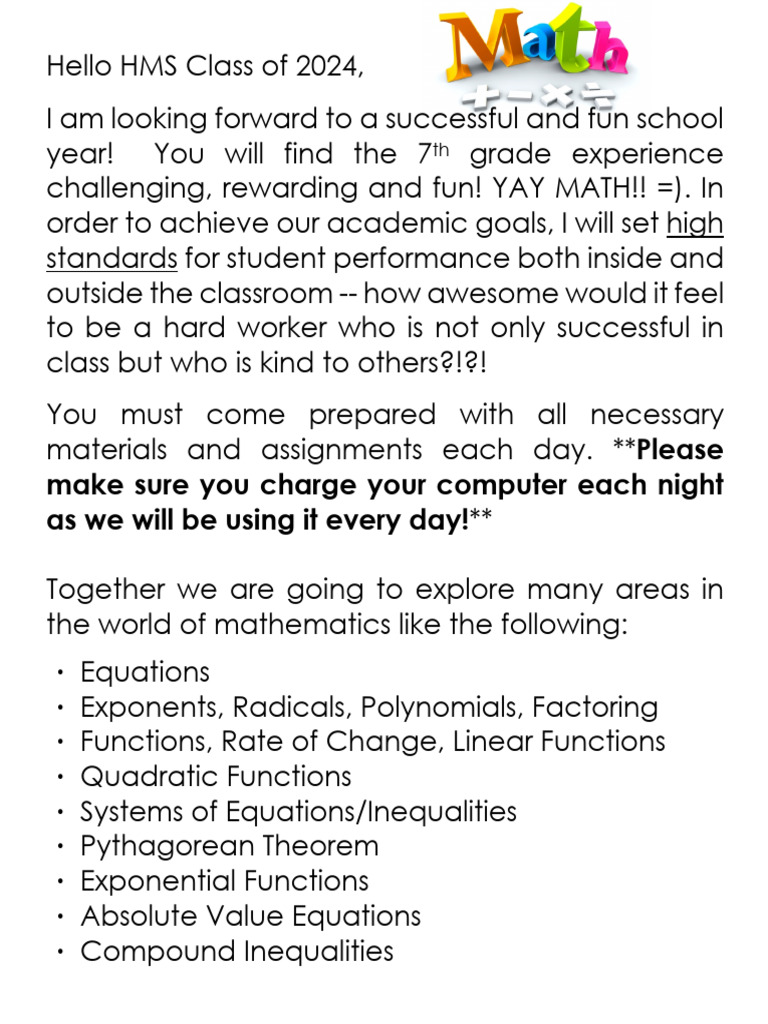 7th Grade Math Class Overview 2024 | PDF | Equations | Mathematics