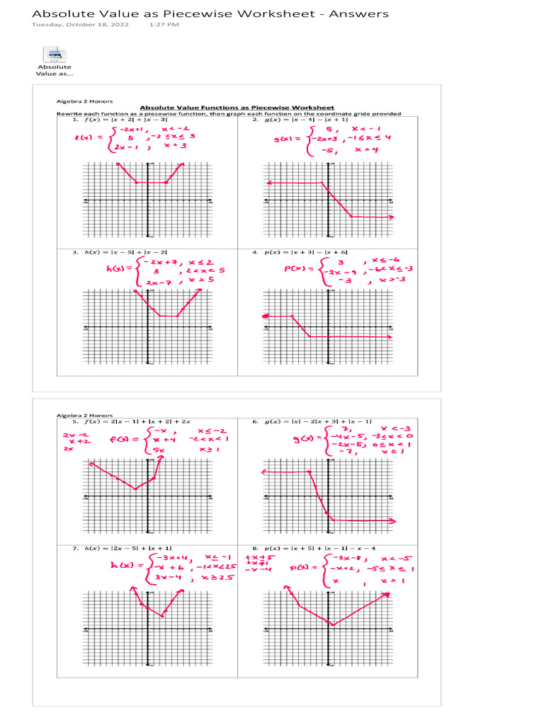 Absolute+Value+as+Piecewise+Worksheet+ +answers | PDF