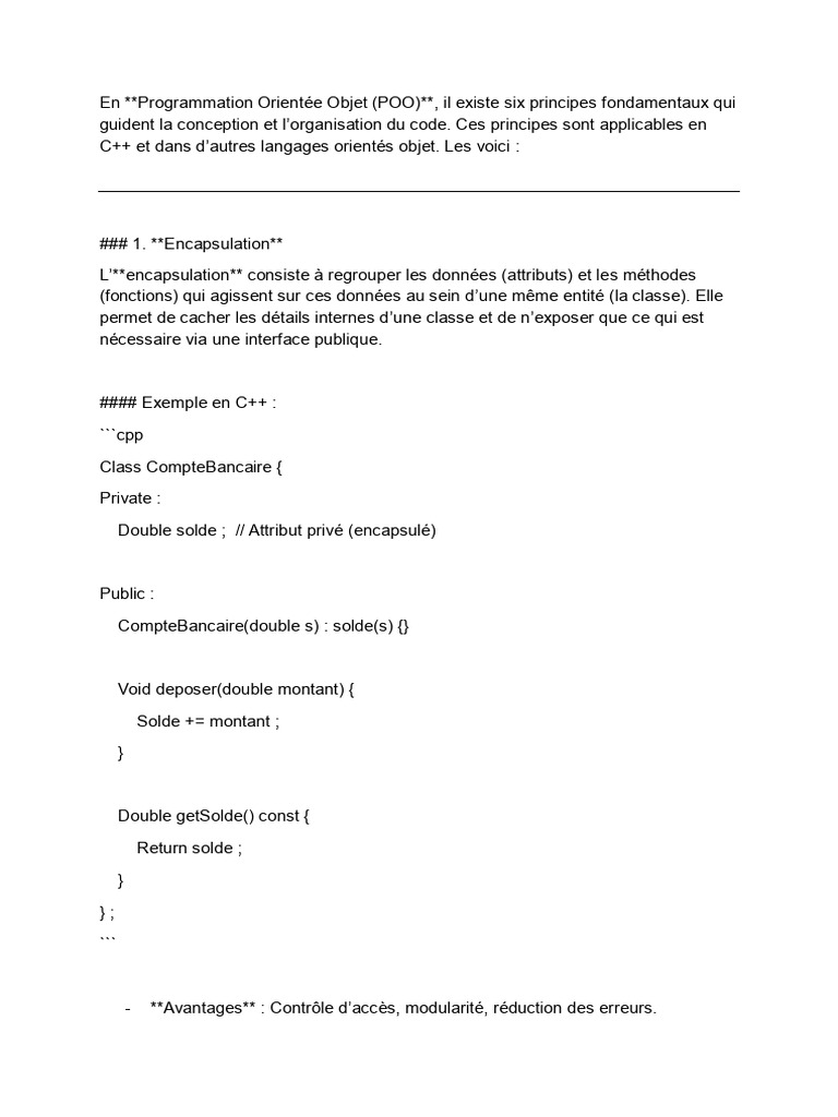 Principes de la POO en C++ : Guide Essentiel | PDF | Classe ...