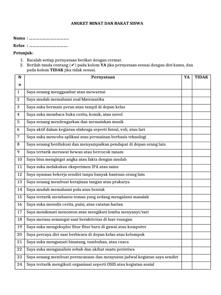Angket Minat dan Bakat Siswa | PDF