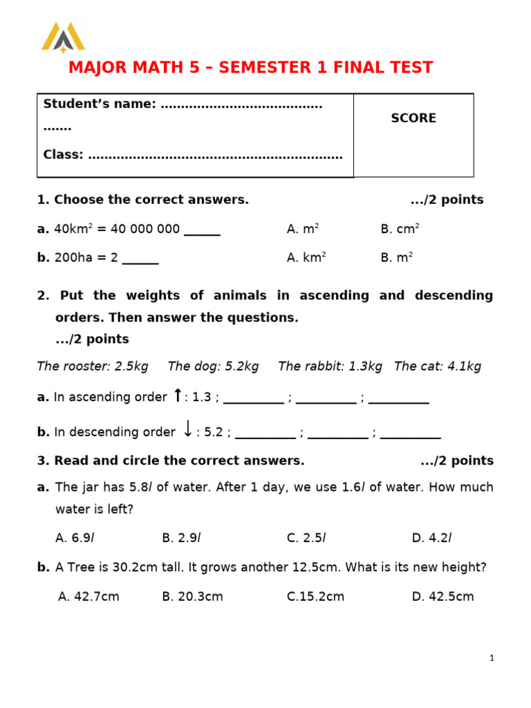 Major Math 5 Final Test Guide | PDF