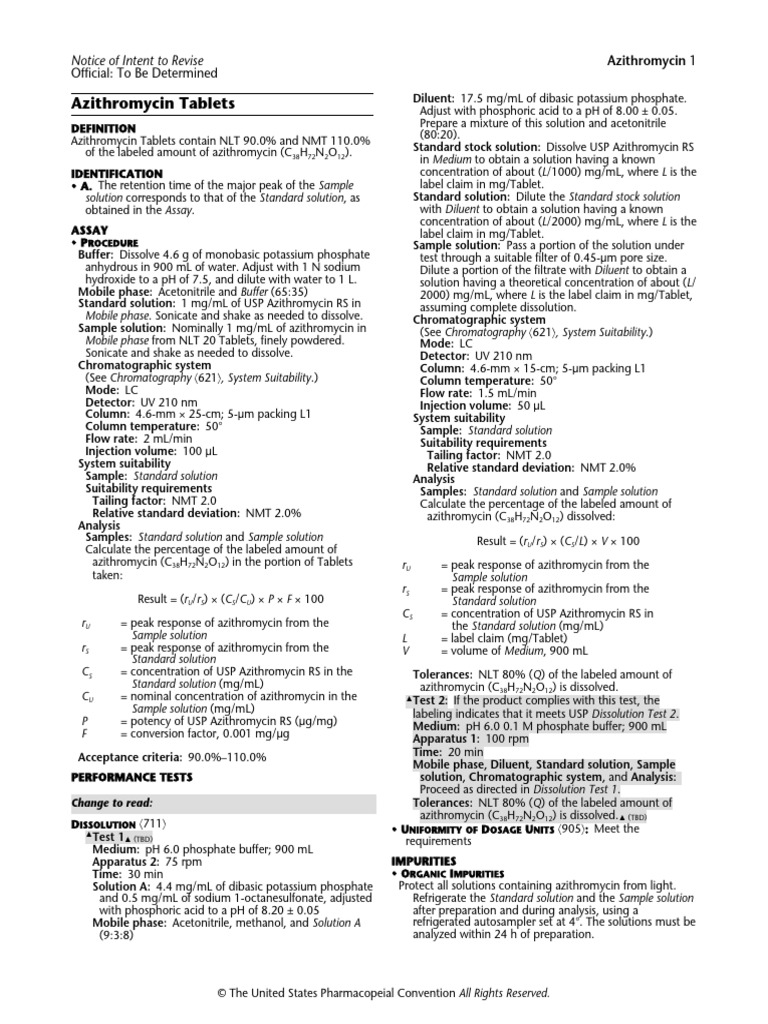 Azithromycin Tablets Assay and Testing | PDF | Chromatography | Buffer ...