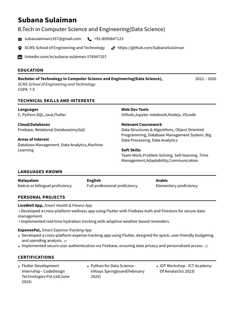 Subana Sulaiman: Data Science B.Tech Profile | PDF