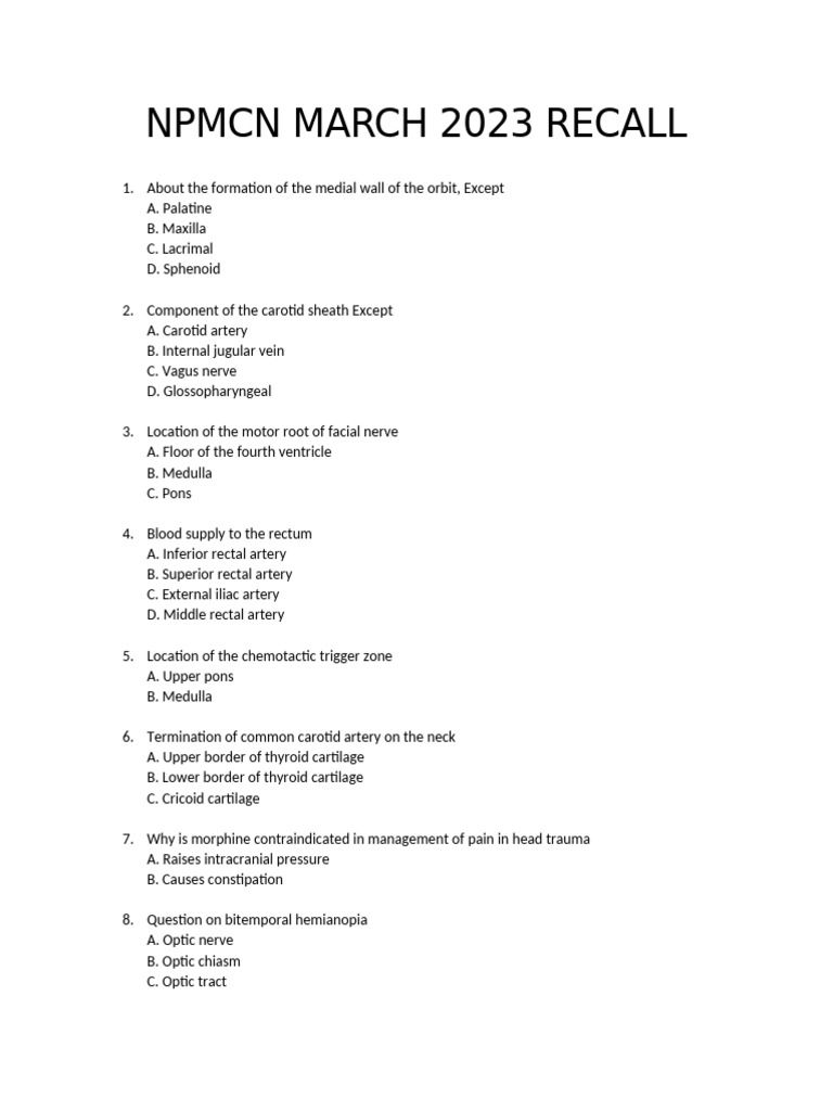 NPMCN March 2023 Medical Recall Exam | PDF | Common Carotid Artery | Vein