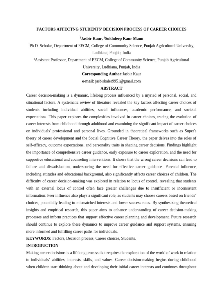 Factors Influencing Student Career Choices | PDF | Self Efficacy ...