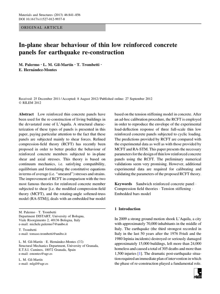 Inplane Shear Behaviour of Thin Low Reinforced Concrete Panels For ...
