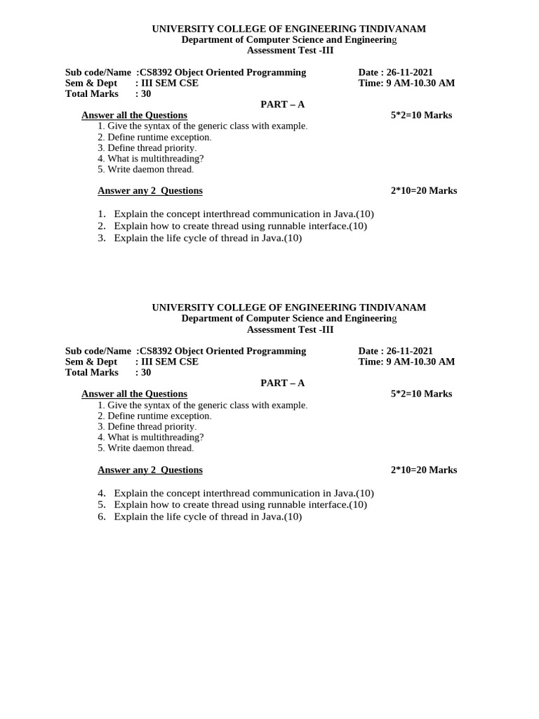CS8392 OOP Assessment Test Questions | PDF