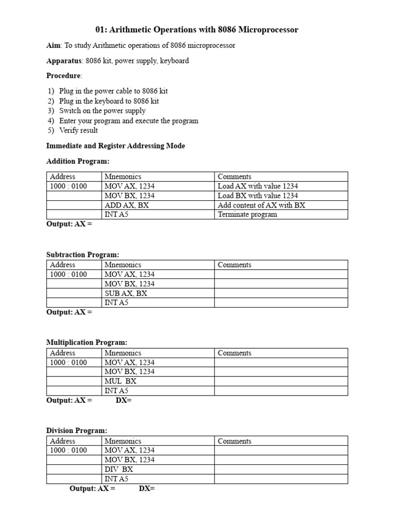 X86 Microprocessor Practicals 1-3 | PDF | Intel | Central Processing Unit