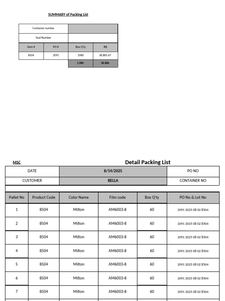 Detail Packing List BELLA (PO 2091) 8504 250814 H NH | PDF