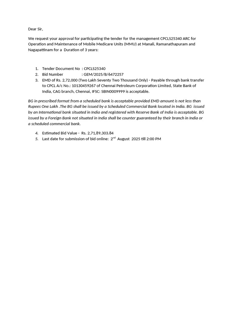 CPCL Tender for Mobile Medicare Units | PDF