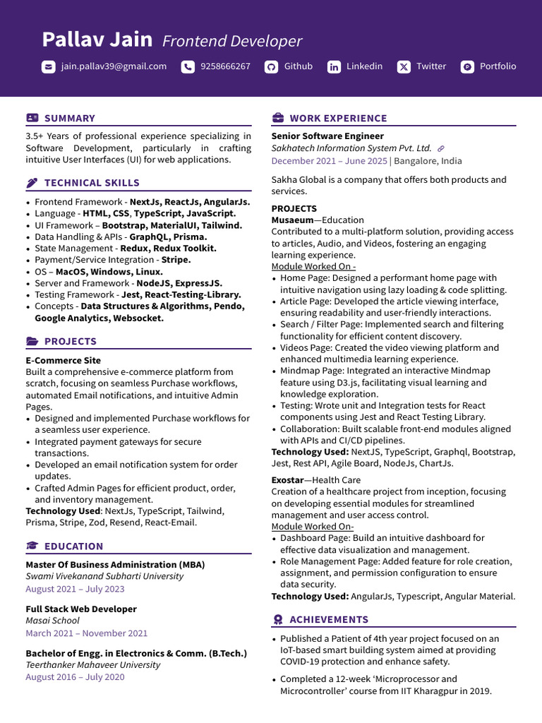 Frontend Developer Resume: Pallav Jain | PDF | Computer Programming ...