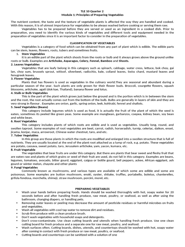 Sinhs Cookery 10 q2 Module 1 | PDF | Vegetables | Food Allergy
