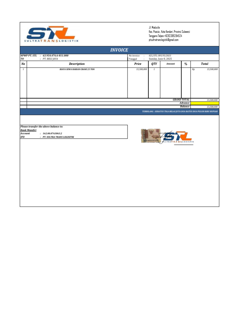 Invoice Sewa Crane PT Regi Jaya | PDF