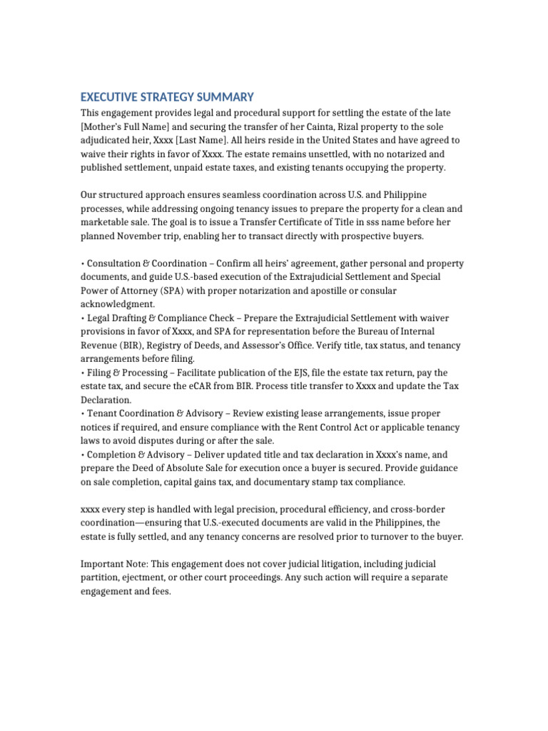 Executive Strategy Summary Tess Cainta | PDF | Lease | Taxes