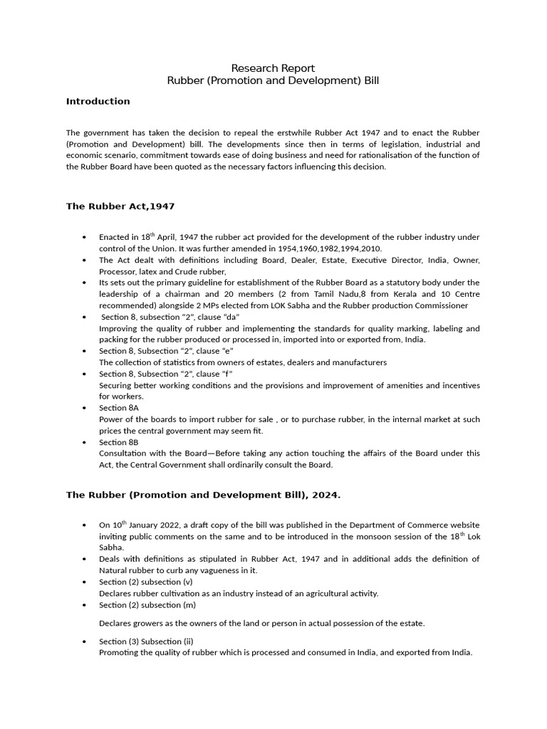 Research Report - Rubber (Promotion and Development) Bill. | PDF ...